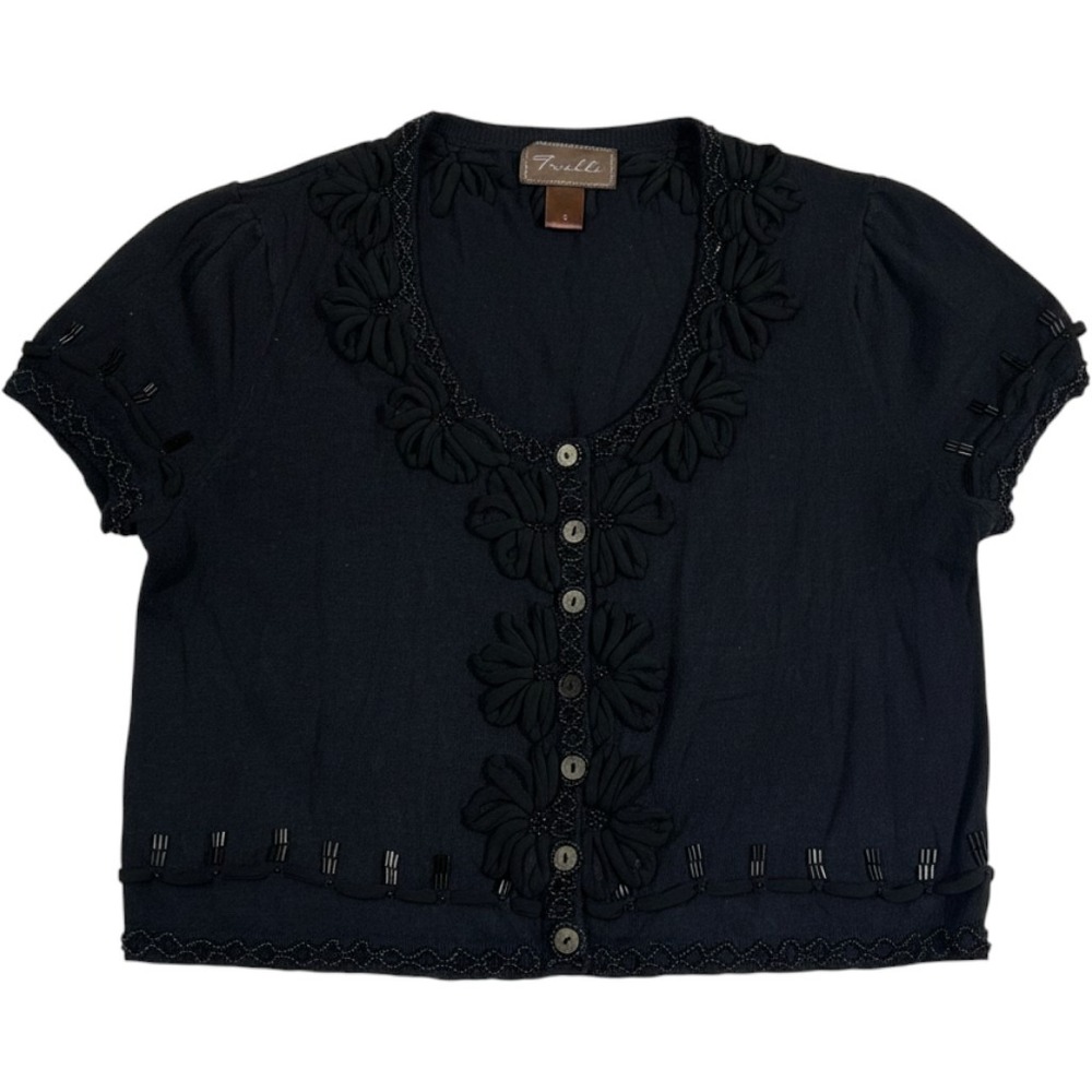 Trulli Cardigan Women Medium Black Beaded Floral Cropped Short Sleeve Sweater
